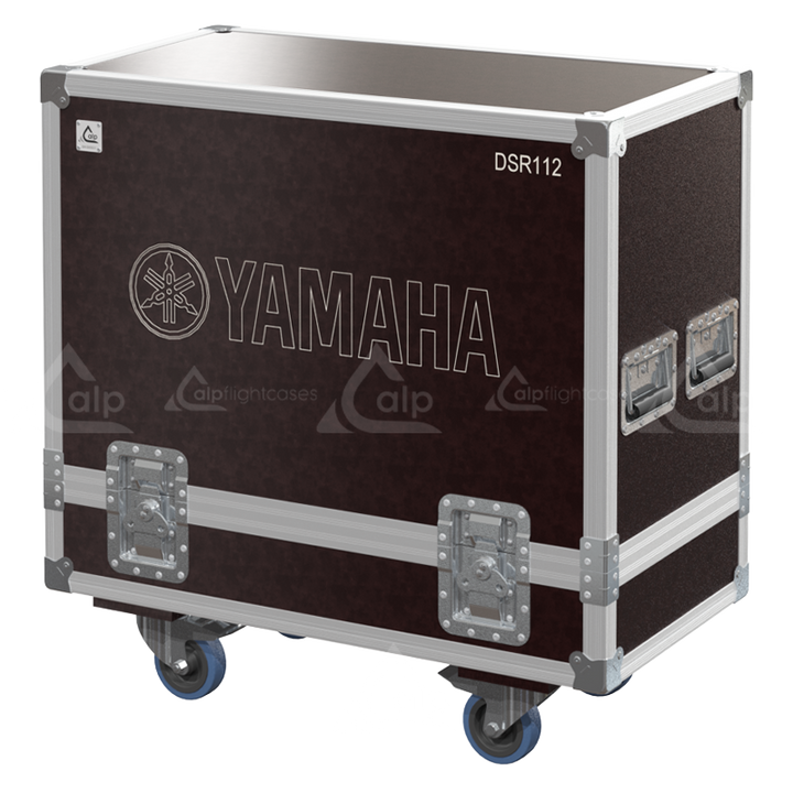 Front view of the twin touring flight case for 2x Yamaha DSR112 Series loudspeakers by ALP Flight Cases