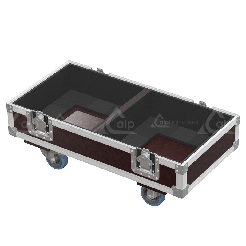 Empty interior of the flight case for 2x Yamaha DSR112 showing precision CNC-cut foam inserts for secure packing