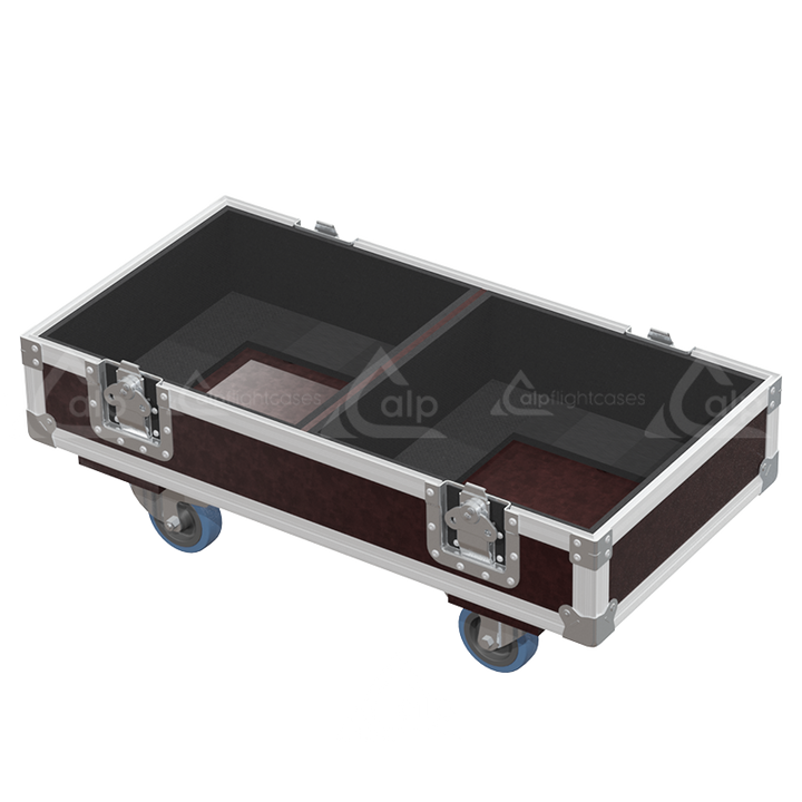 Empty interior of the flight case for 2x Yamaha DSR112 showing precision CNC-cut foam inserts for secure packing