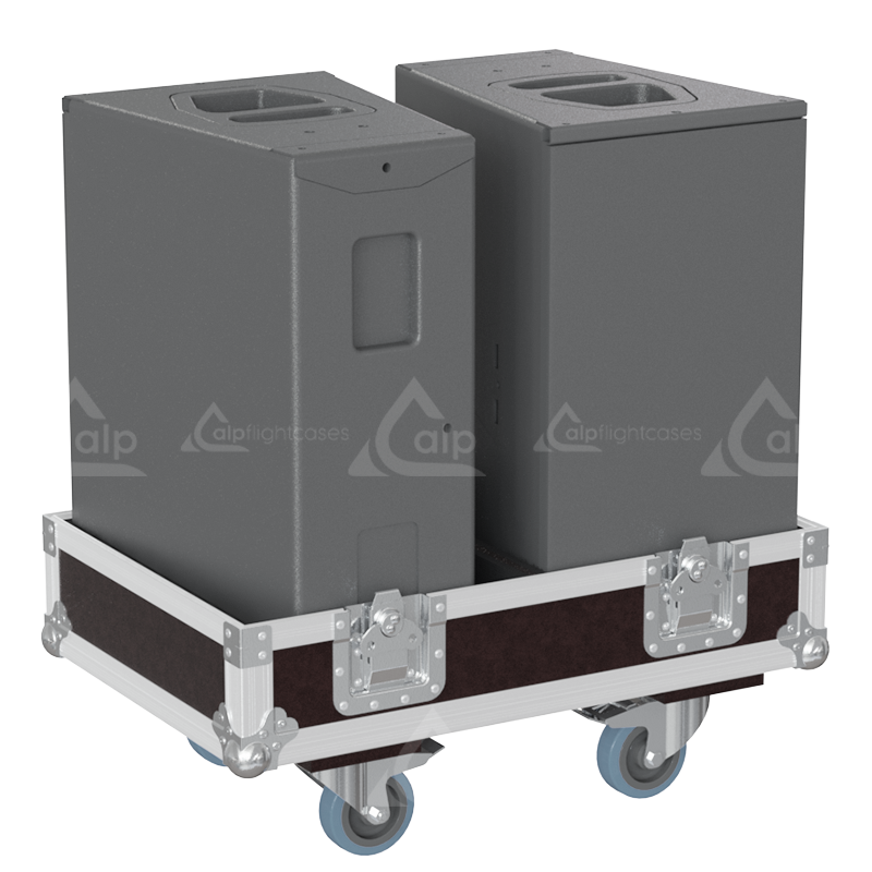 Two d&b audiotechnik Q10 loudspeakers safely secured inside the custom pro audio flight case for safe transport