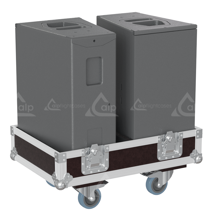 Two d&b audiotechnik Q10 loudspeakers safely secured inside the custom pro audio flight case for safe transport