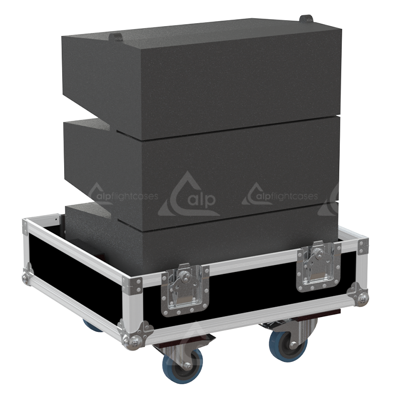 Three APG UC206N line array modules safely secured inside the custom pro audio flight case for safe transport