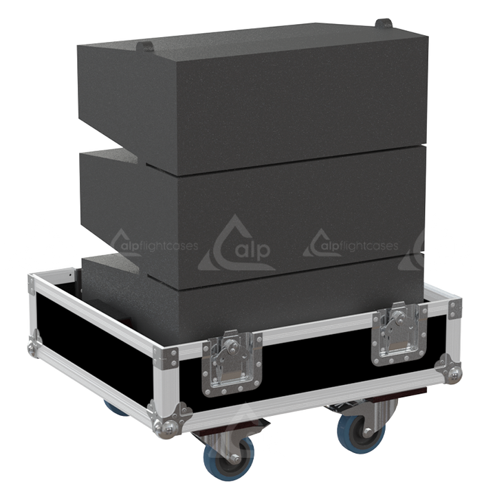 Three APG UC206N line array modules safely secured inside the custom pro audio flight case for safe transport