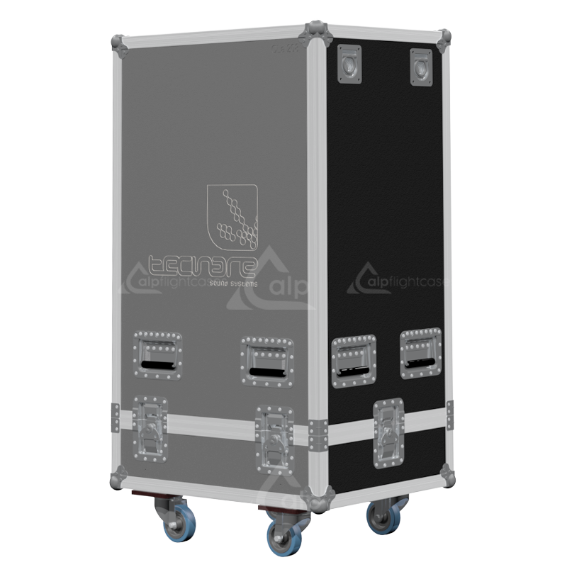 Rear view of the road case for Tecnare CLa 208 showing heavy-duty hardware and 9mm birch plywood construction