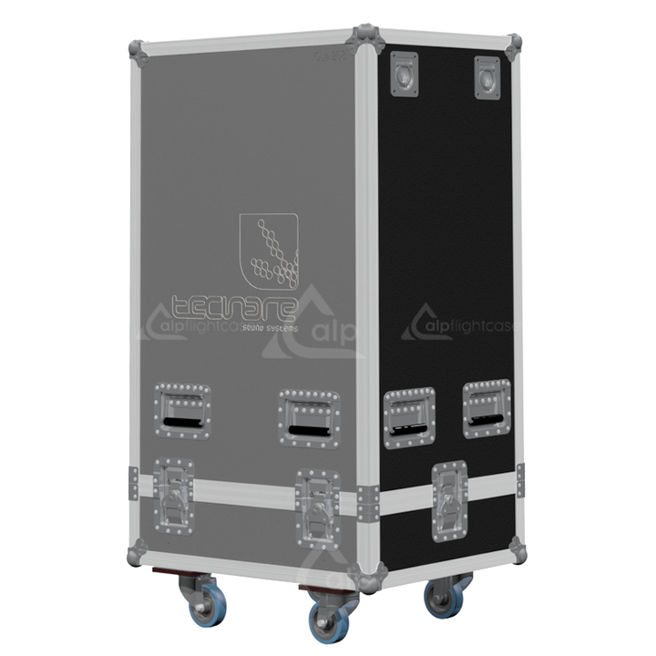 Rear view of the road case for Tecnare CLa 208 showing heavy-duty hardware and 9mm birch plywood construction