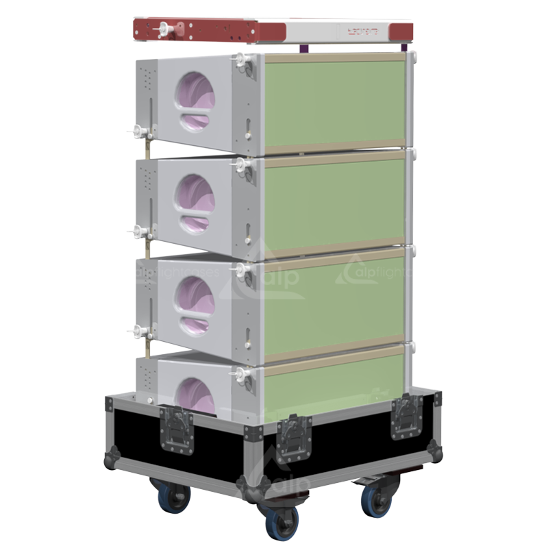 Four Tecnare CLa 208 speakers safely secured inside the custom vertical transport flight case for professional touring