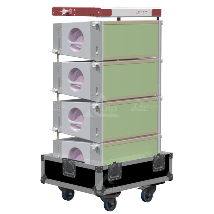 Four Tecnare CLa 208 speakers safely secured inside the custom vertical transport flight case for professional touring