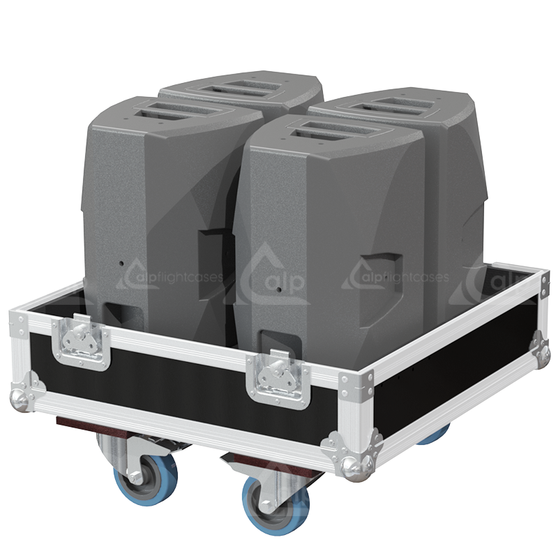 Four d&b audiotechnik E8 loudspeakers safely secured inside the custom pro audio flight case for safe transport