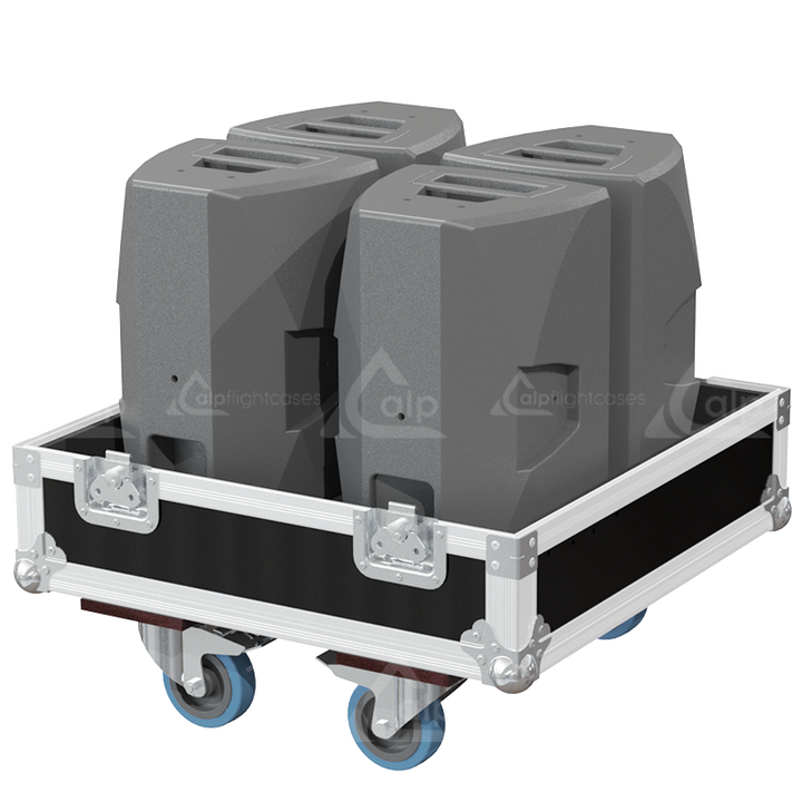 Four d&b audiotechnik E8 loudspeakers safely secured inside the custom pro audio flight case for safe transport