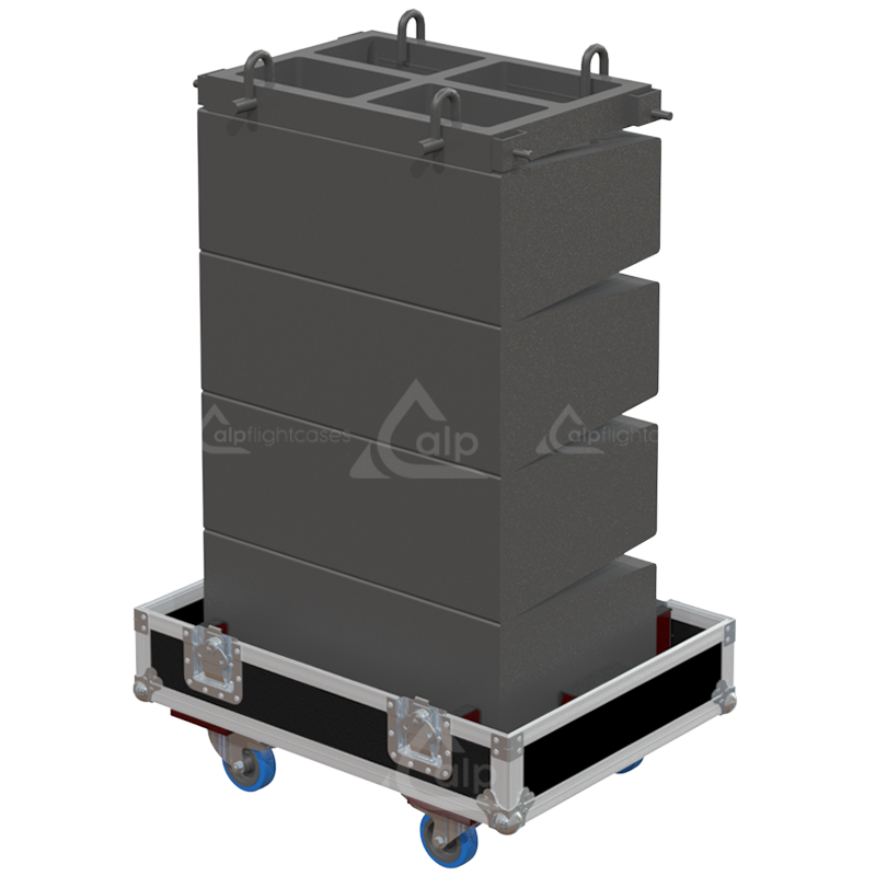 Four Martin Audio W8LM elements and rigging frame safely secured inside the custom flight case for touring