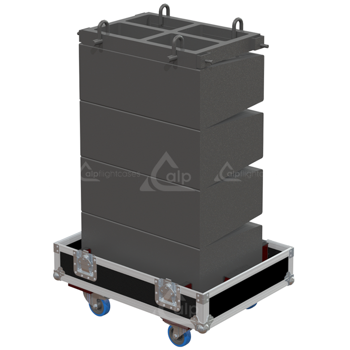Four Martin Audio W8LM elements and rigging frame safely secured inside the custom flight case for touring