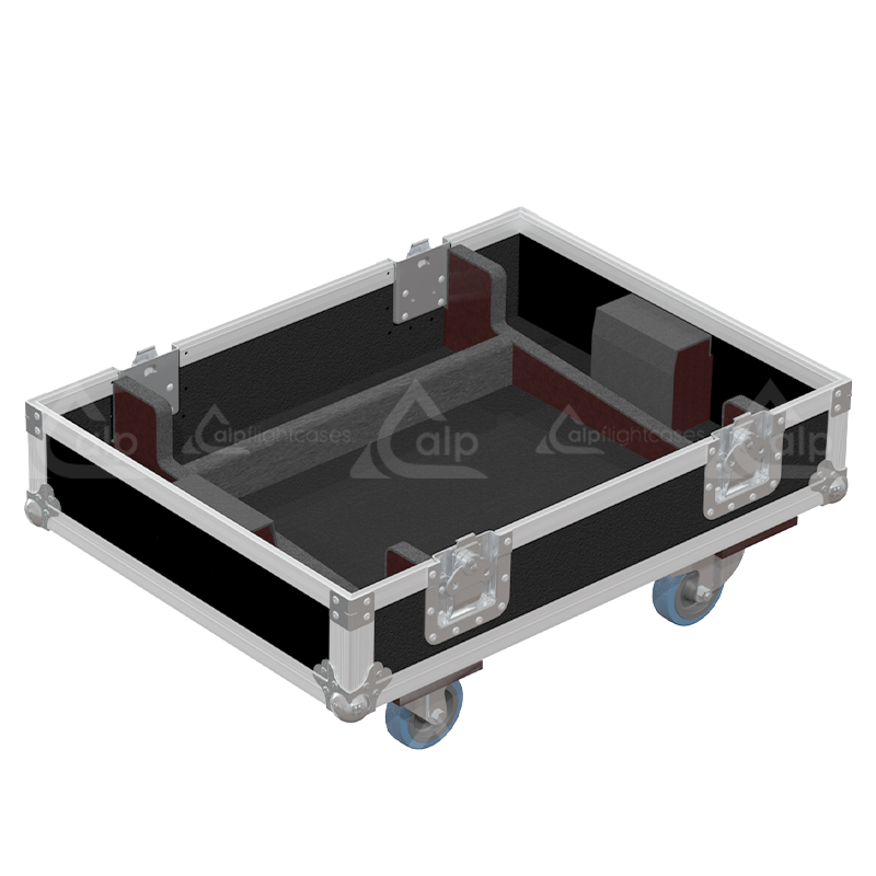 Empty interior of the W8LM case showing specialized CNC-cut foam compartments for speakers and flying grid