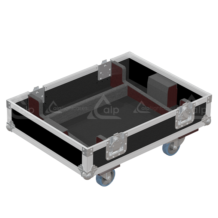 Empty interior of the W8LM case showing specialized CNC-cut foam compartments for speakers and flying grid