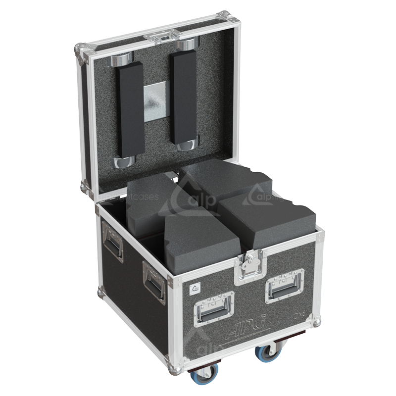 Four APG DX8 loudspeakers safely secured inside the custom flight case for high-level touring protection