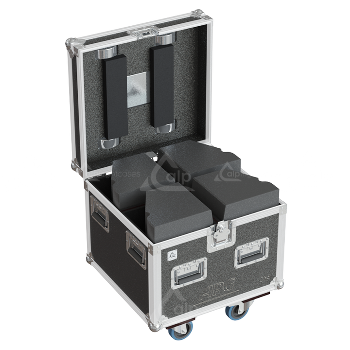 Four APG DX8 loudspeakers safely secured inside the custom flight case for high-level touring protection