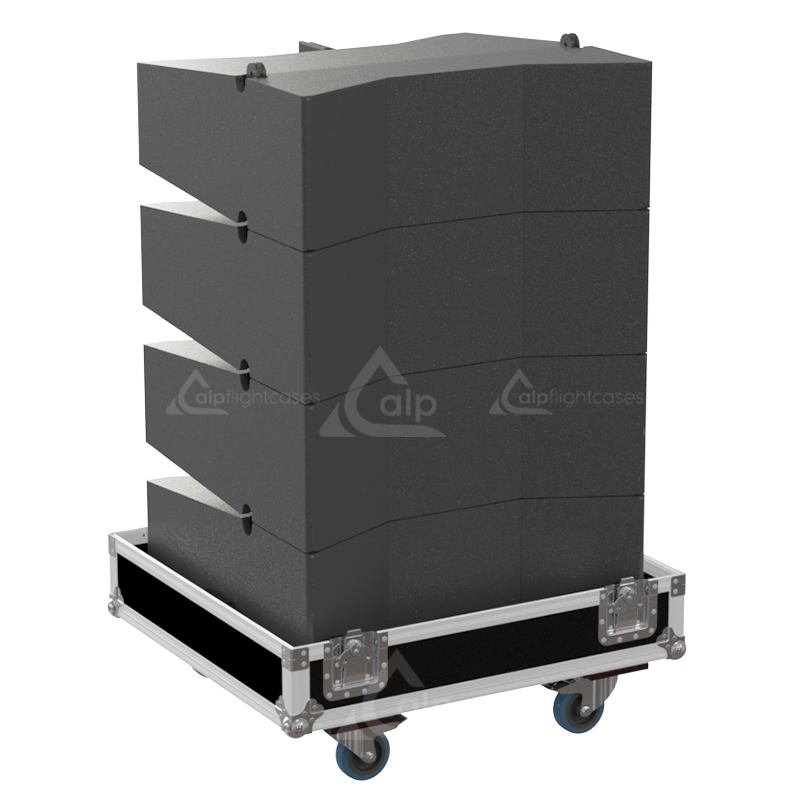 Four APG Uniline UL210 modules safely secured in the custom vertical transport flight case for professional touring
