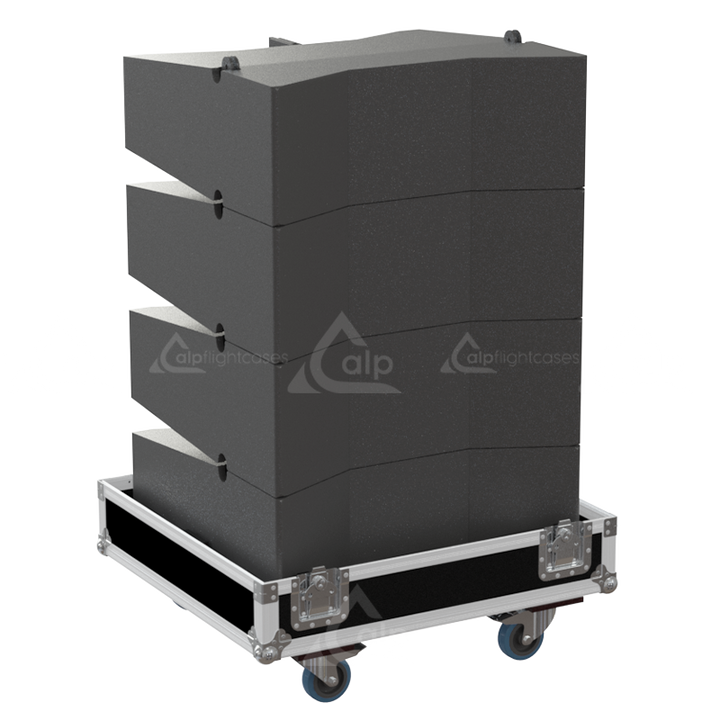 Four APG Uniline UL210 modules safely secured in the custom vertical transport flight case for professional touring