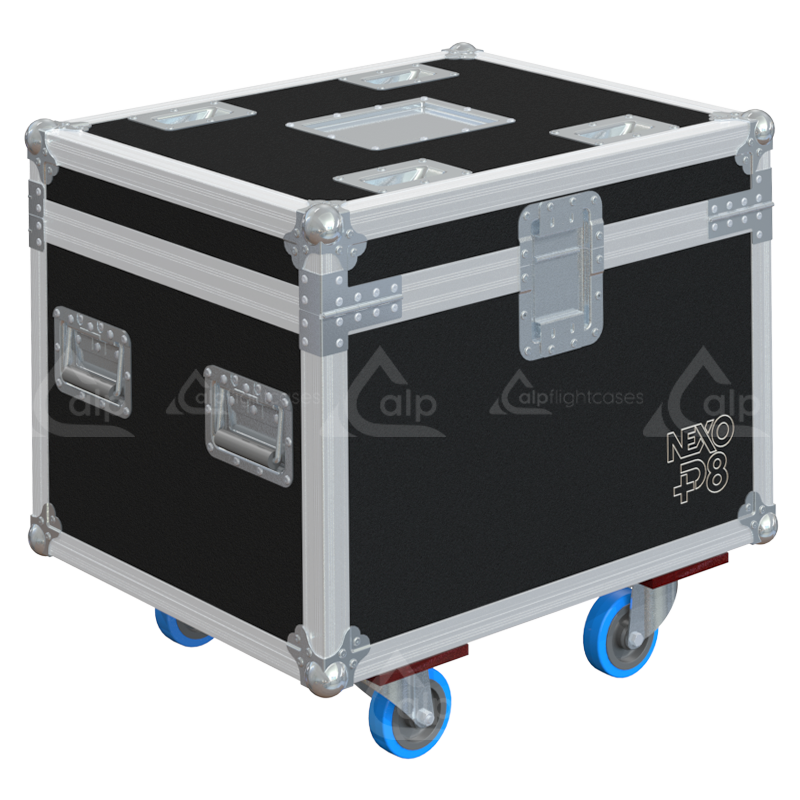 Rear view of the road case for NEXO P8 showing heavy-duty hardware and 9mm birch plywood construction
