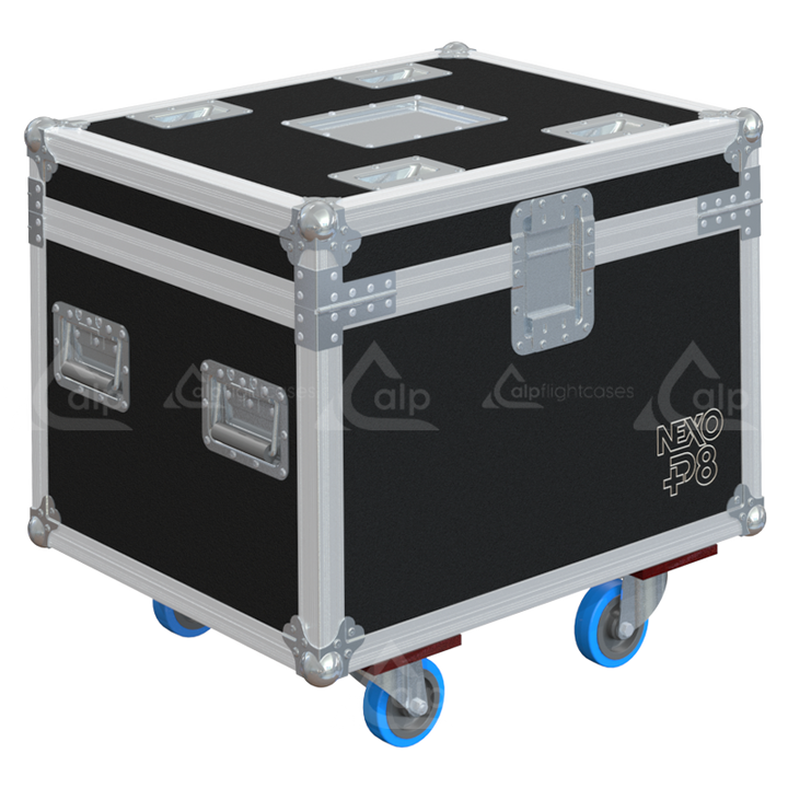 Rear view of the road case for NEXO P8 showing heavy-duty hardware and 9mm birch plywood construction