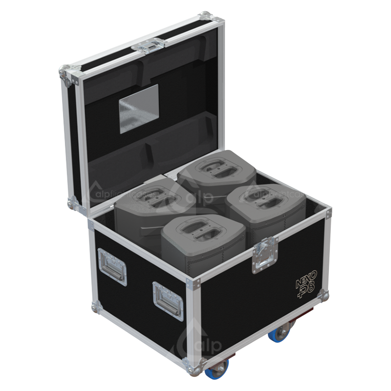 Four NEXO P8 loudspeakers safely secured inside the custom pro audio flight case for professional touring