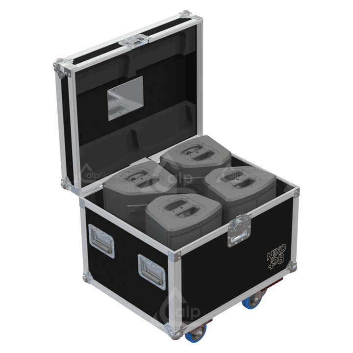 Four NEXO P8 loudspeakers safely secured inside the custom pro audio flight case for professional touring