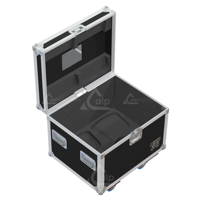 Empty interior of the flight case for 4x NEXO P8 showing precision CNC-cut foam inserts for secure packing