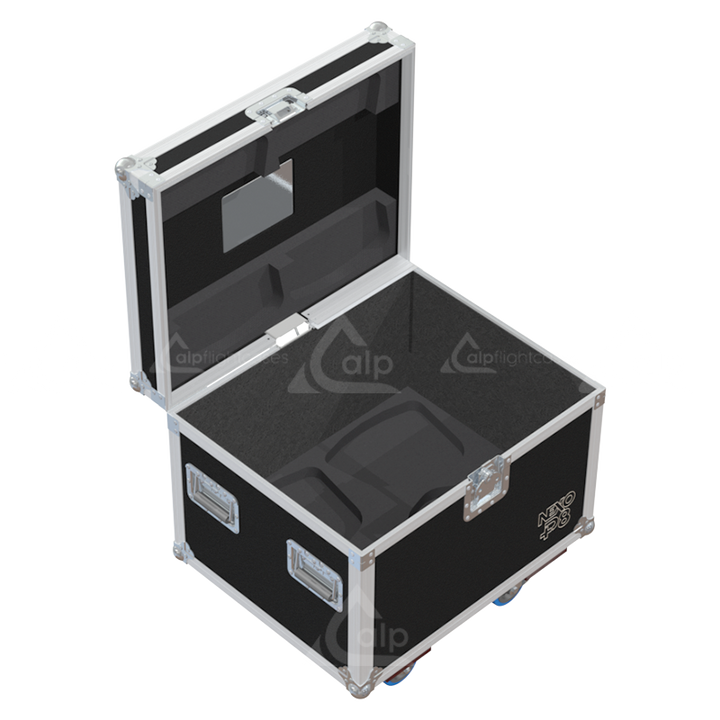 Empty interior of the flight case for 4x NEXO P8 showing precision CNC-cut foam inserts for secure packing