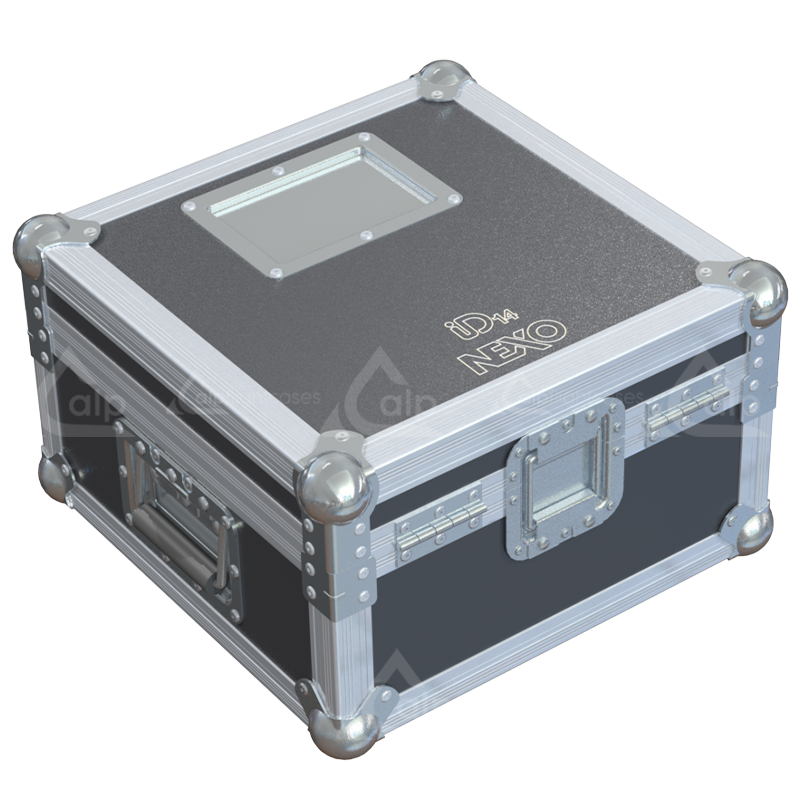 Rear top view of the road case for NEXO ID14 showing heavy-duty hardware and 10mm birch plywood construction