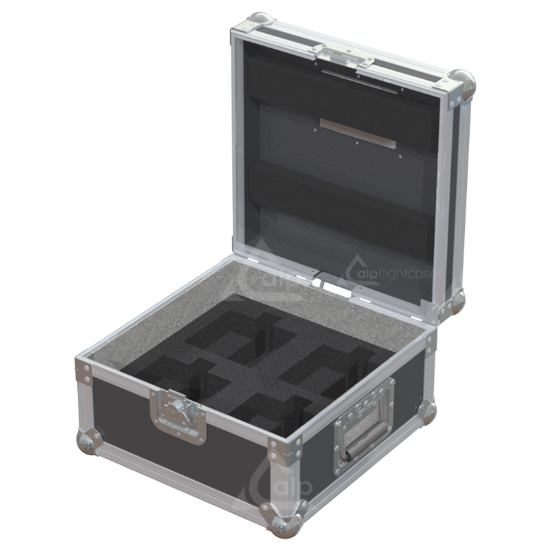Empty interior of the flight case for 4x NEXO ID14 showing precision CNC-cut foam inserts for secure packing