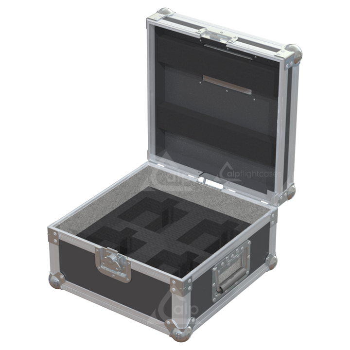 Empty interior of the flight case for 4x NEXO ID14 showing precision CNC-cut foam inserts for secure packing