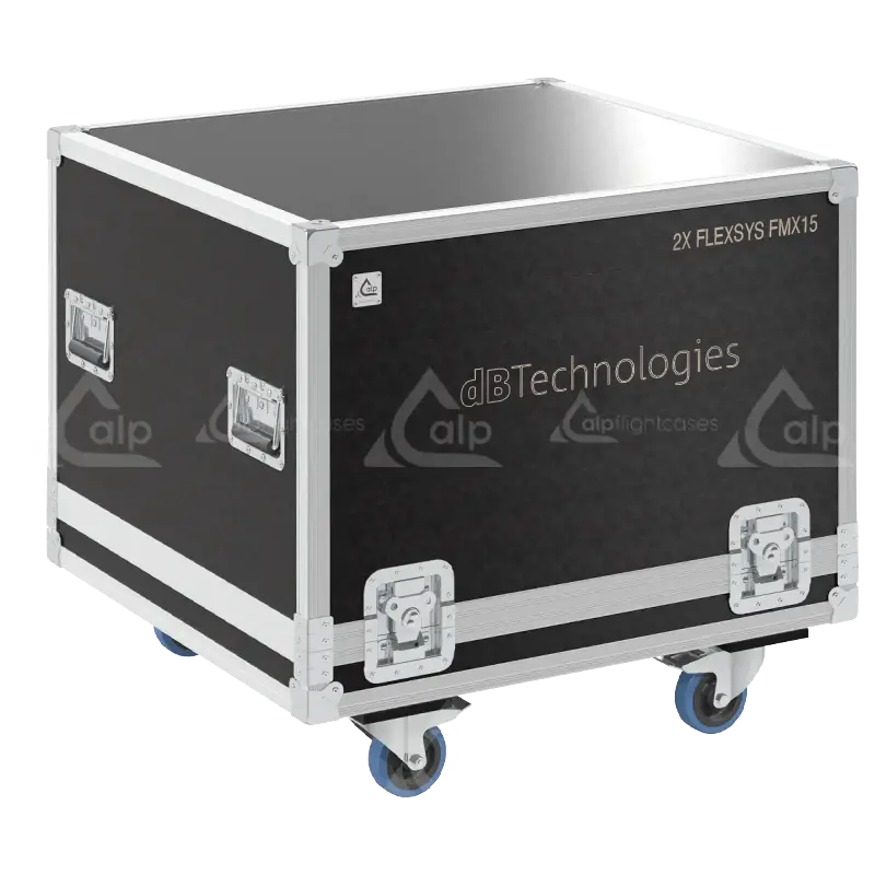 Front view of the professional flight case for 2x dBTechnologies Flexys FMX15 monitors by ALP Flight Cases