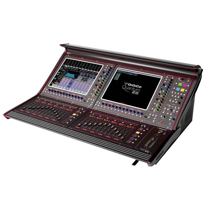 DiGiCo Quantum 225DS digital mixing console safely secured inside the custom ALP flight case with rear doghouse access