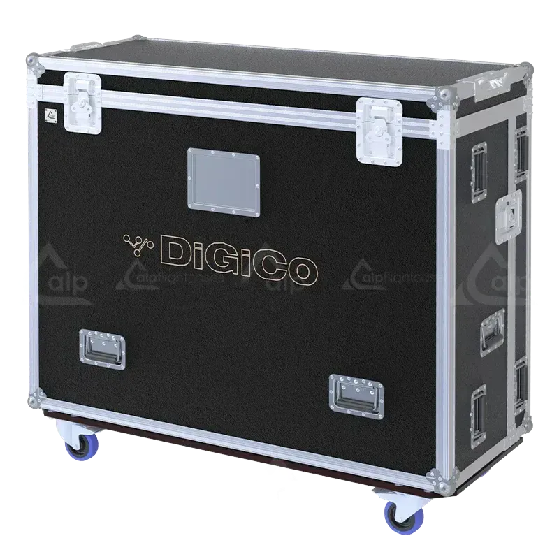 Front view of the custom flight case for the DiGiCo Quantum 225DS mixing console by ALP Flight Cases