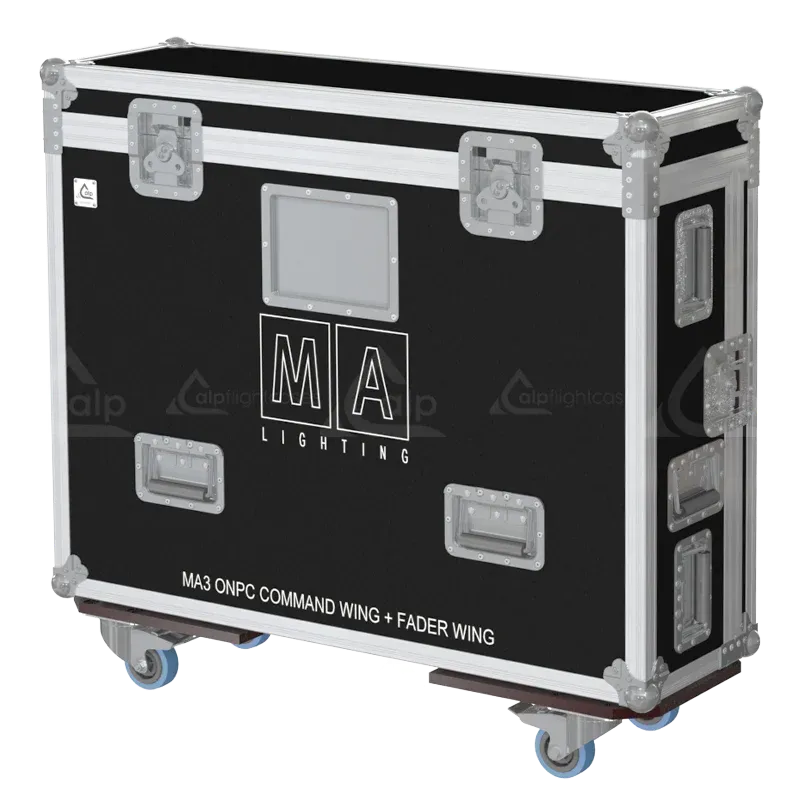 ALP FLIGHT CASES GRANDMA3 ONPC COMMAND WING + FADER WING + SUP LCD + LED - WHEELS FLIGHT CASE CLOSED SIDE VIEW LATERAL