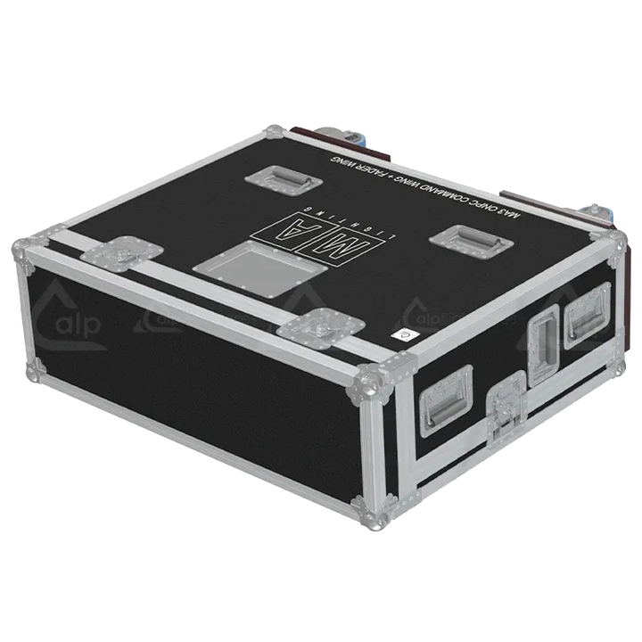 ALP FLIGHT CASES GRANDMA3 ONPC COMMAND WING + FADER WING + SUP LCD + LED - WHEELS BACK SIDE LATERAL VIEW FLIGHT CASE CLOSED