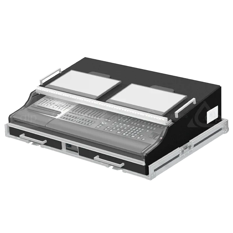 ALP FLIGHT CASES GRANDMA3 ONPC COMMAND WING + FADER WING + SUP LCD + LED - WHEELS SCREENS CLOSED SIDE VIEW OPEN FLIGHT CASE