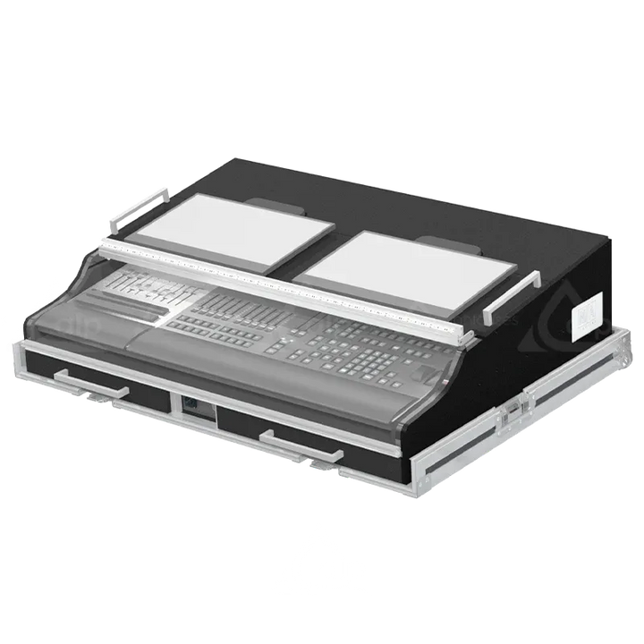 ALP FLIGHT CASES GRANDMA3 ONPC COMMAND WING + FADER WING + SUP LCD + LED - WHEELS SCREENS CLOSED SIDE VIEW OPEN FLIGHT CASE