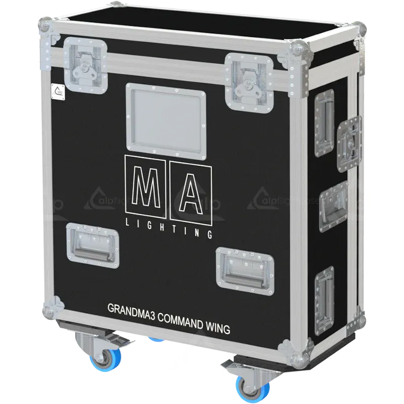 GRANDMA3 ONPC COMMAND WING + SUP LCD +LED - WHEELS SIDE VIEW FLIGHT CASE LATERAL FRONT