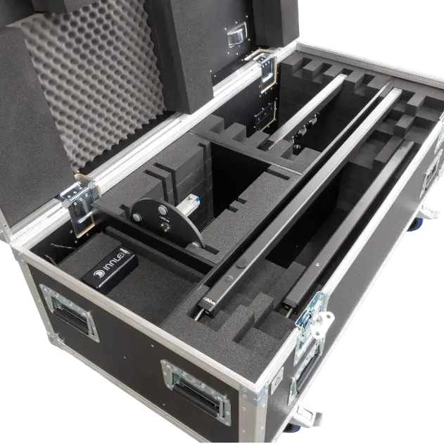 Close-up of the ventilation dishes, Powercon sockets and industrial butterfly latches on the ALP logistics series