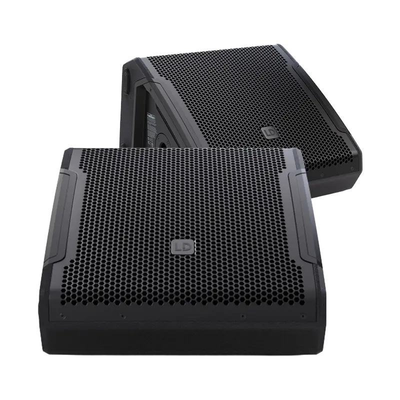Flight case open showing two LD Systems MON 12 A G3 monitors securely nested in custom CNC foam inserts