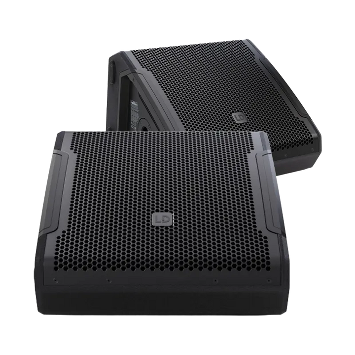 Flight case open showing two LD Systems MON 12 A G3 monitors securely nested in custom CNC foam inserts