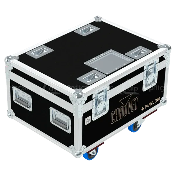 Front view of 4x Chauvet Professional Colorado Panel Q40 flight case with wheels and heavy-duty touring hardware