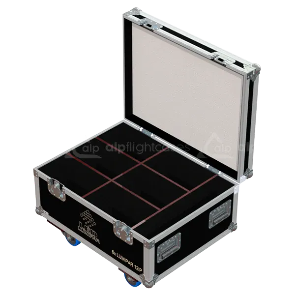 Empty ALP FLIGHT CASES 6-way trunk for LumiPar 12IP showing internal slots and cable compartment