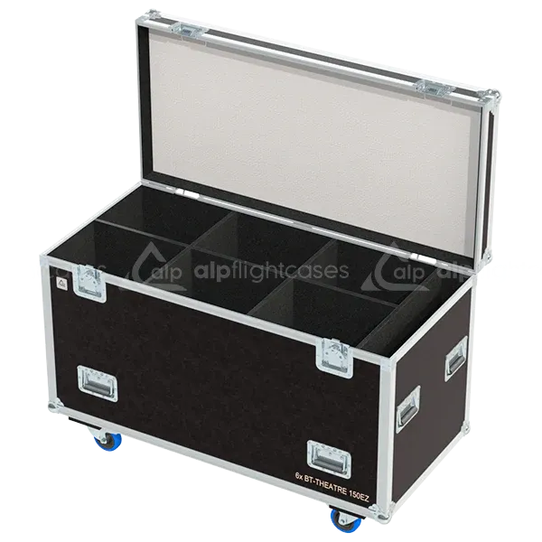 Empty flight case for 6x Briteq BT-THEATRE 150EZ with precision-cut compartments and accessory storage