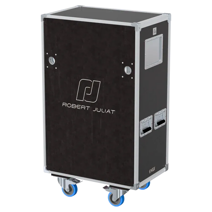 Front view of 2x Robert Juliat 614SX flight case with wheels and heavy-duty touring hardware