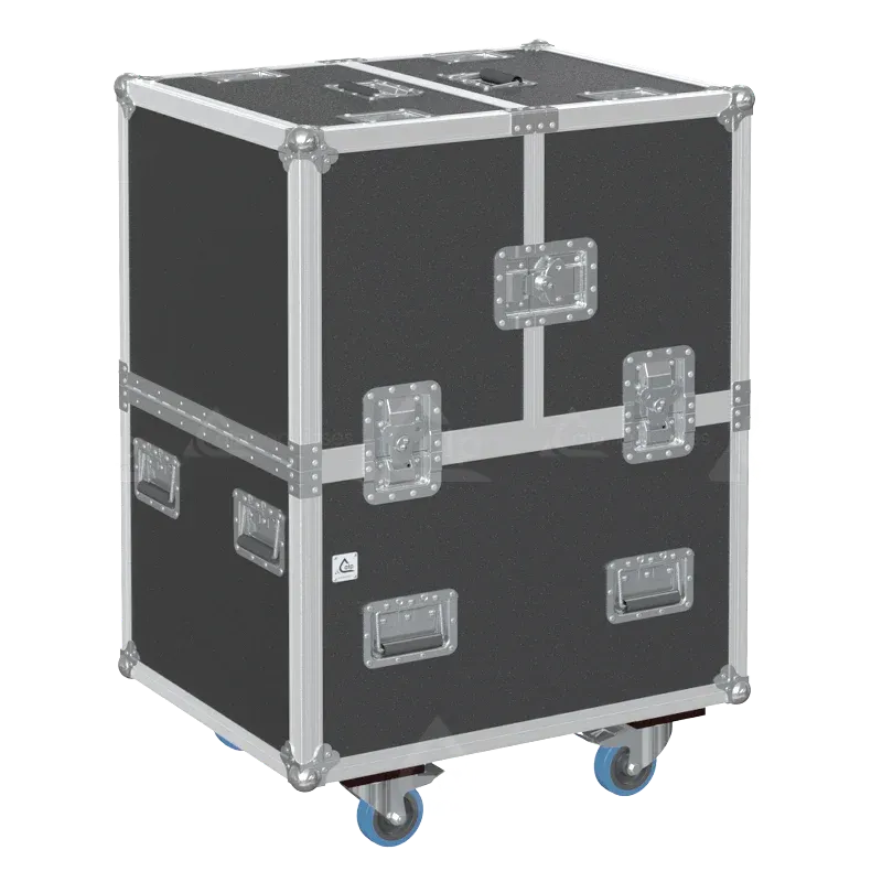 Front view of 4x Robert Juliat 653SX/654SX flight case with wheels and heavy-duty touring hardware