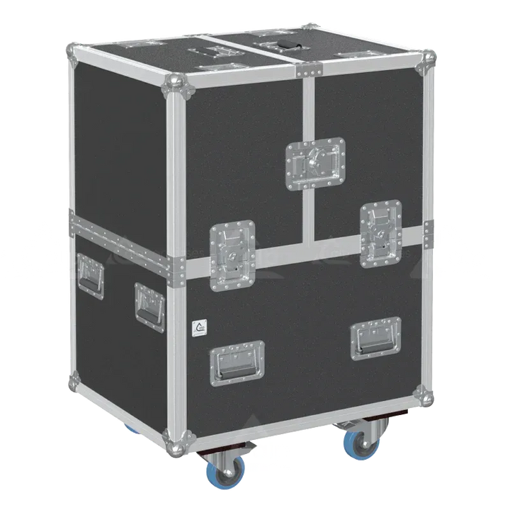 Front view of 4x Robert Juliat 653SX/654SX flight case with wheels and heavy-duty touring hardware