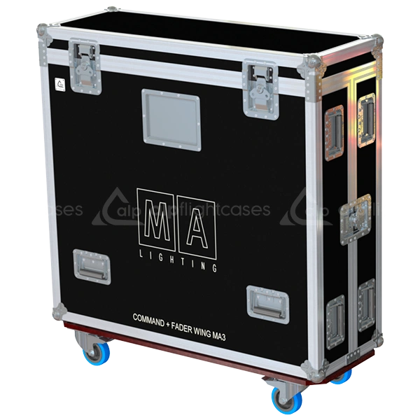 MA LIGHTING MA3 ON PC + FADER WING + 2 DISPLAYS - WHEELS FLIGHT CASE CLOSE SIDE VIEW
