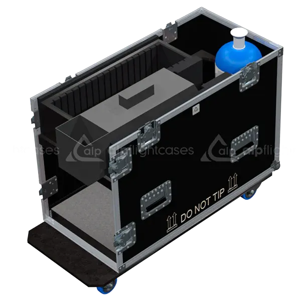 MDG ATMe professional hazer stored in ALP flight case with custom CNC foam compartments for the generator and detached remote control
