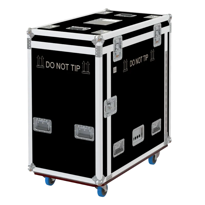 ALP FLIGHT CASES front view of MDG Atmosphere APS Gas 1000 vertical touring flight case with heavy-duty wheels and 10mm plywood